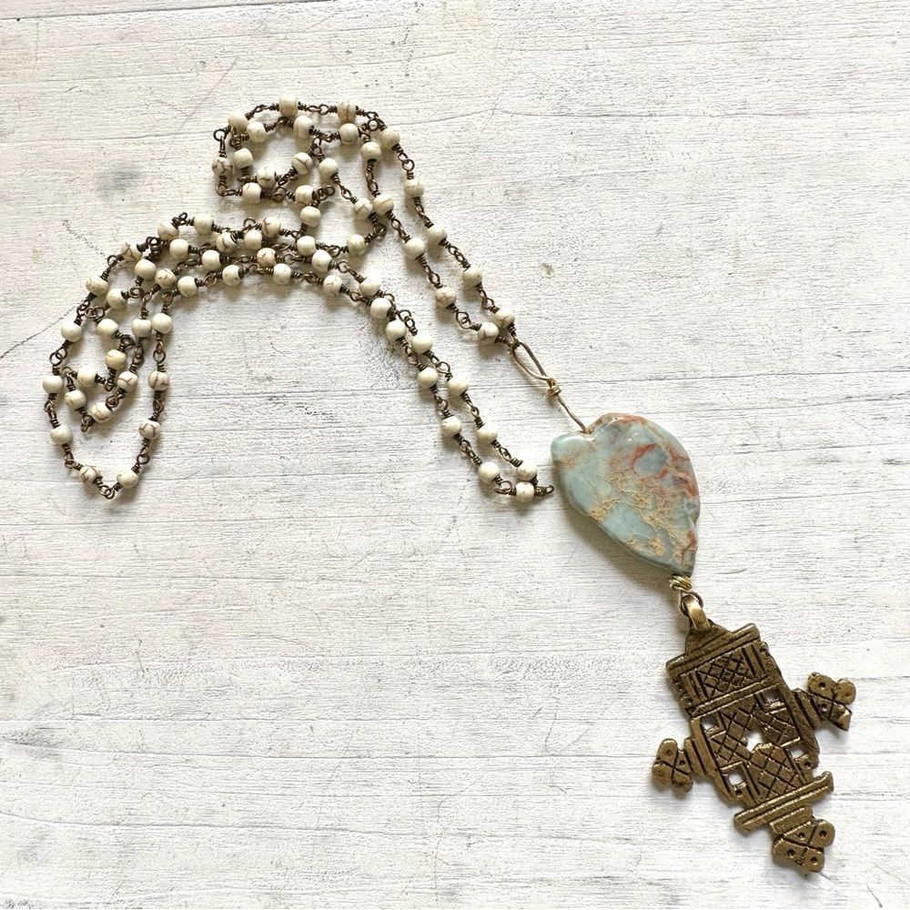 Long beaded Ethiopian cross chalcedony necklace